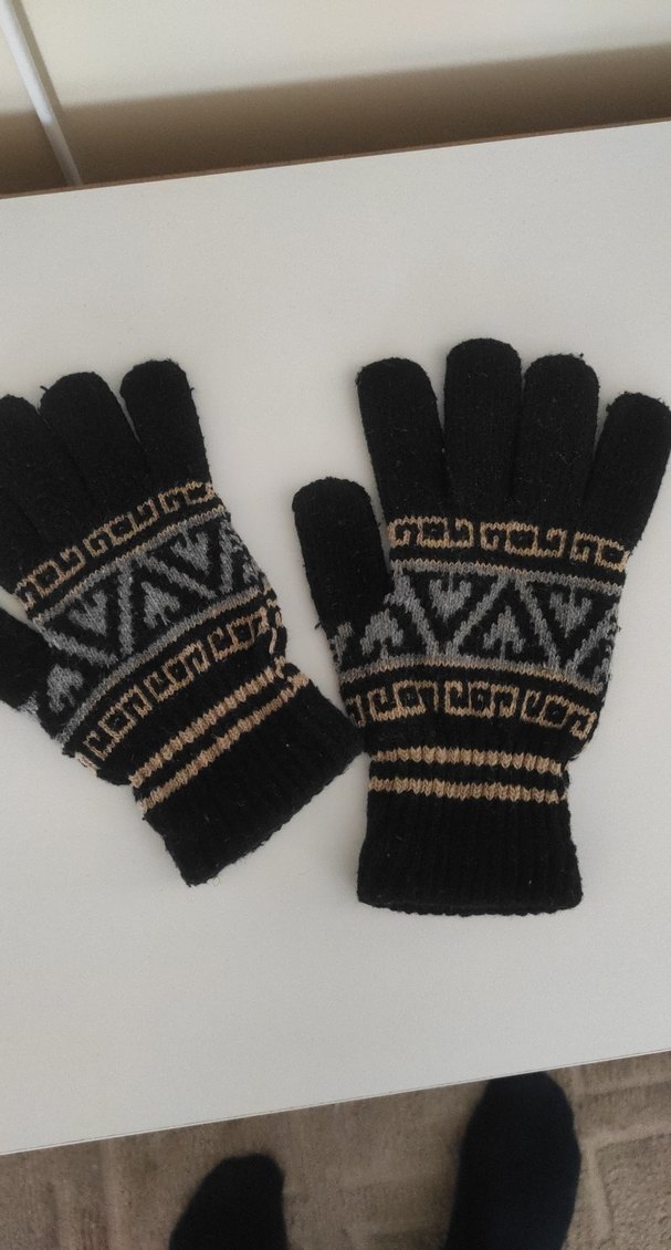 yün eldiven Desenli Siyah Örgü Erkek çocuk Eldiveni 10-14 yaş - Görsel 2