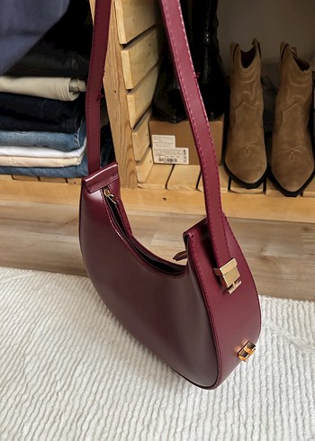 Burgundy Deri Kadın Omuz Çantası - Görsel 5