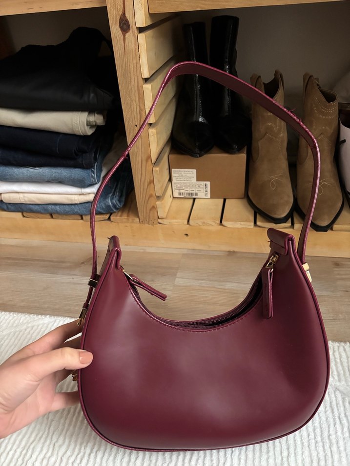 Burgundy Deri Kadın Omuz Çantası - Görsel 3