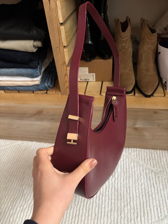 Burgundy Deri Kadın Omuz Çantası - Görsel 2