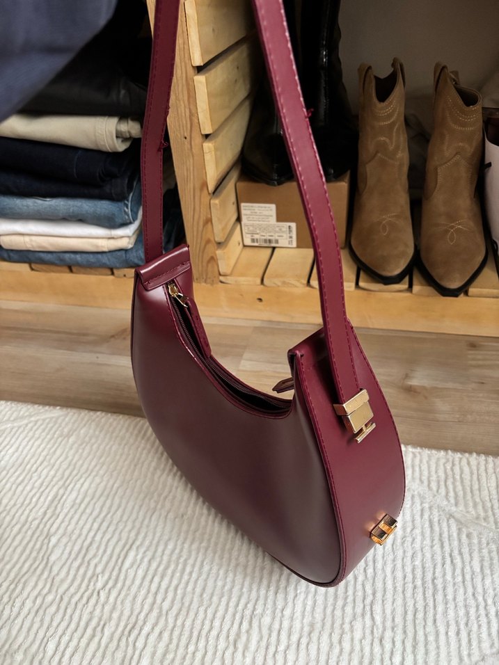 Burgundy Deri Kadın Omuz Çantası - Görsel 5