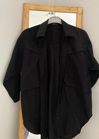 Siyah Keten Düğmeli Oversize Gömlek