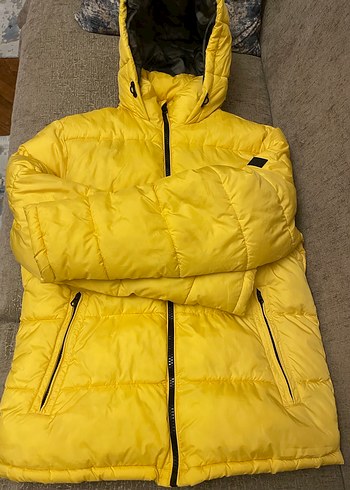 Sarı Kapüşonlu Fermuarlı Kışlık Kadın Mont - Görsel 7