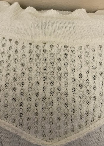 Bohem V Yaka Örgü Beyaz Kadın Kazak - Görsel 4