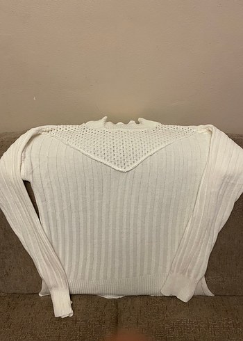 Bohem V Yaka Örgü Beyaz Kadın Kazak - Görsel 2