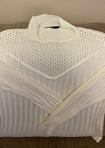 Bohem V Yaka Örgü Beyaz Kadın Kazak - Görsel 6