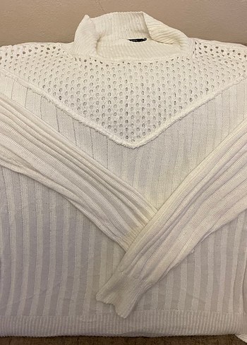 Bohem V Yaka Örgü Beyaz Kadın Kazak - Görsel 5