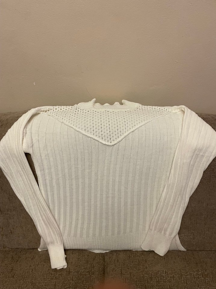 Bohem V Yaka Örgü Beyaz Kadın Kazak - Görsel 2