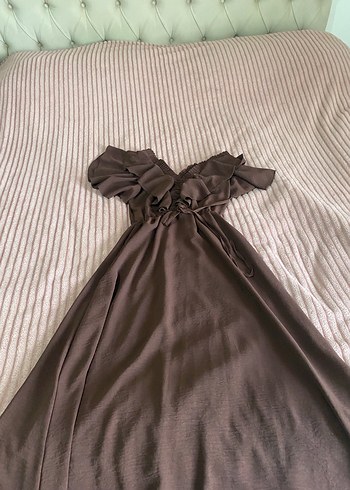 Volan Detaylı V Yaka Uzun Keten Elbise - Görsel 3