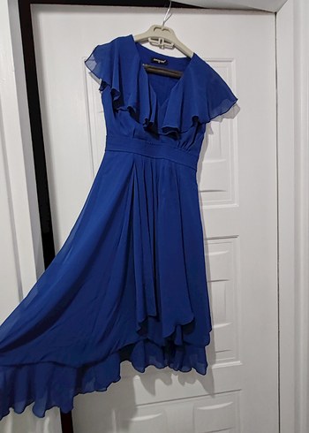 Klasik Kesim Uzun Mavi Kadın Abiye Elbise - Görsel 4