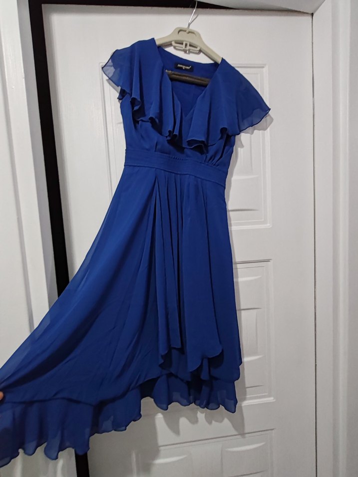 Klasik Kesim Uzun Mavi Kadın Abiye Elbise - Görsel 4