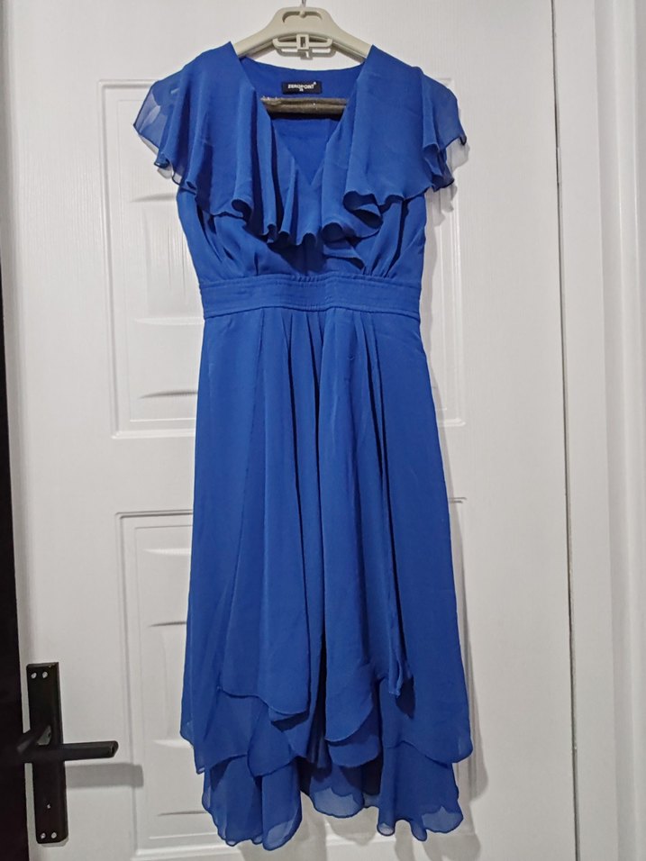 Klasik Kesim Uzun Mavi Kadın Abiye Elbise - Görsel 5