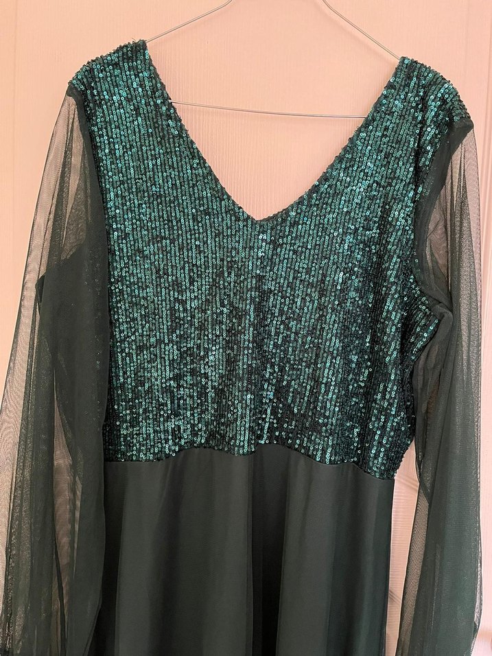 Uzun Kollu Drapeli V Yaka Yeşil Abiye Elbise - Görsel 2