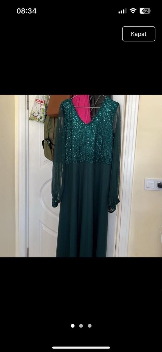 Uzun Kollu Drapeli V Yaka Yeşil Abiye Elbise - Görsel 3