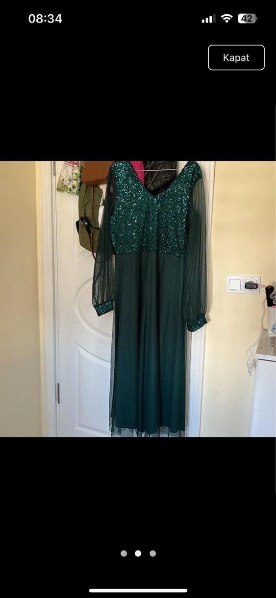 Uzun Kollu Drapeli V Yaka Yeşil Abiye Elbise - Görsel 4