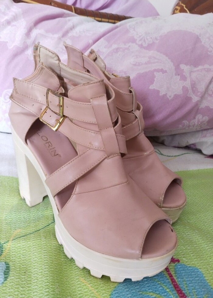 Pembe deri platform topuklu ayakkabı  - Görsel 3