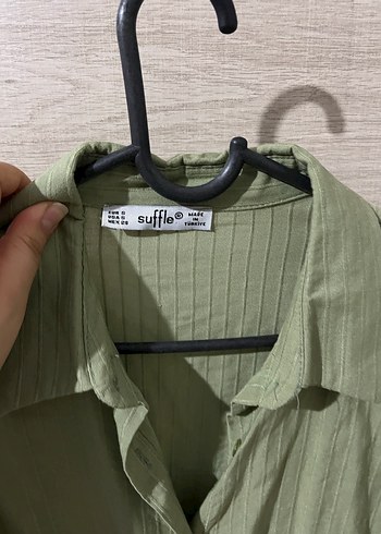 s Beden haki Renk Düğmeli, Uzun Kollu Keten Kadın Gömlek