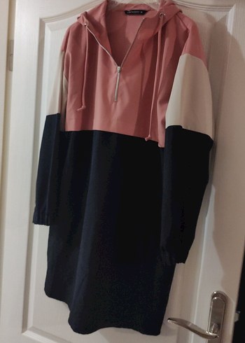 Kadın Pembe Siyah Yarım Fermuarlı Sweatshirt Elbise - Görsel 2