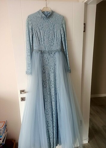 Diğer Mavi tül detaylı dantel abiye elbise 