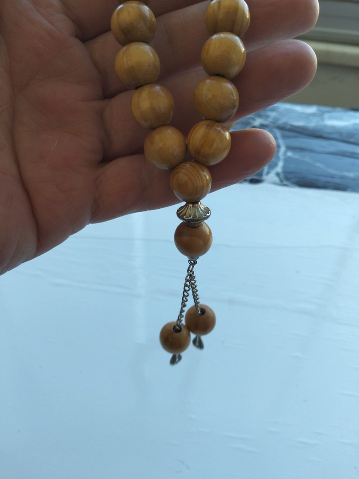 Bej Parlak Erkek Tesbih - Bohem Tarzı AĞAÇ İRİ TANELİ TESBİH - Görsel 4