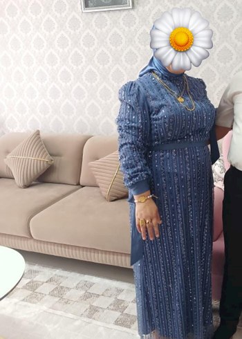 Boncuk İşlemeli Uzun Mavi Bohem Elbise