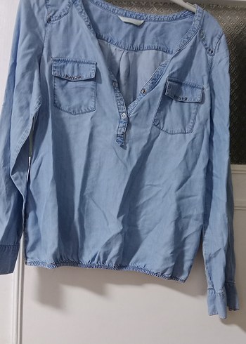 Düğmeli Mavi Kadın Denim Gömlek
