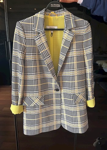 Sarı Ekose Düğmeli Kadın Blazer Ceket - Görsel 2