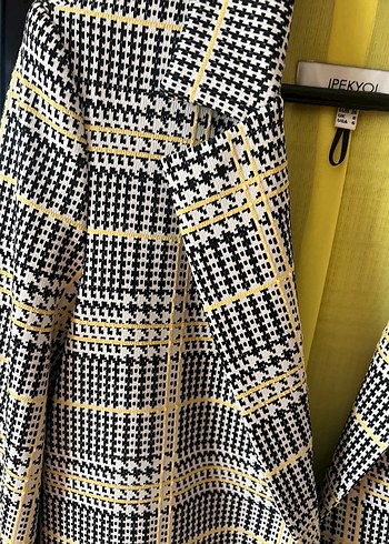 Sarı Ekose Düğmeli Kadın Blazer Ceket - Görsel 3