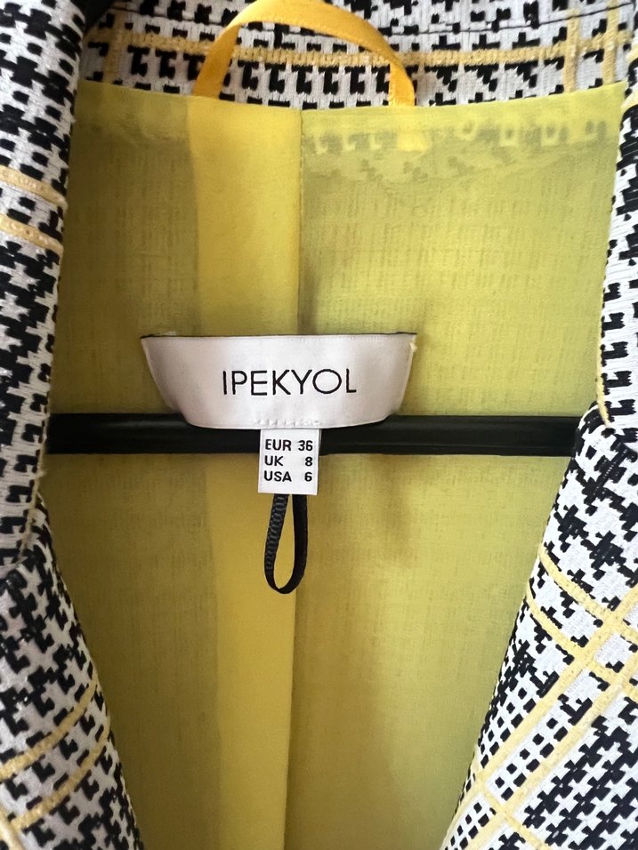 Sarı Ekose Düğmeli Kadın Blazer Ceket - Görsel 4