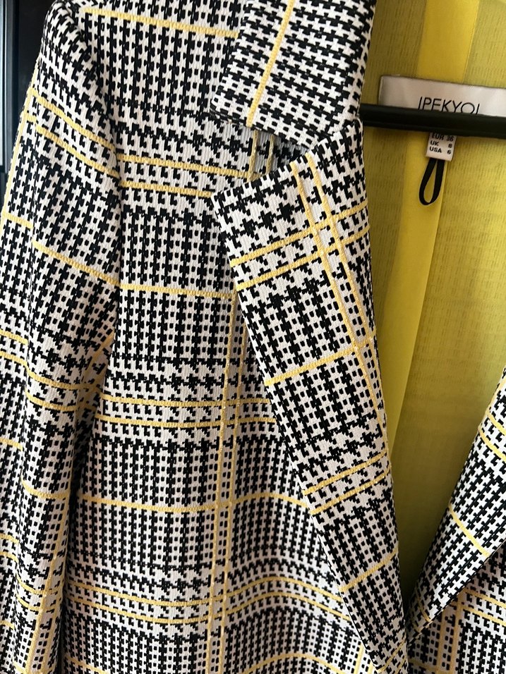 Sarı Ekose Düğmeli Kadın Blazer Ceket - Görsel 3