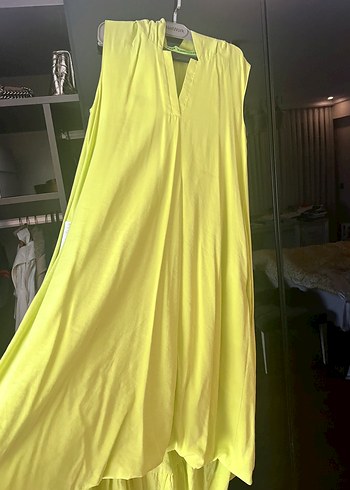 Neon Sarı Drapeli Uzun Kollu V Yaka Elbise - Görsel 2