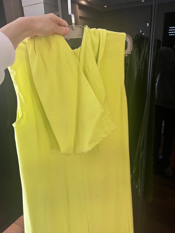 Neon Sarı Drapeli Uzun Kollu V Yaka Elbise - Görsel 4