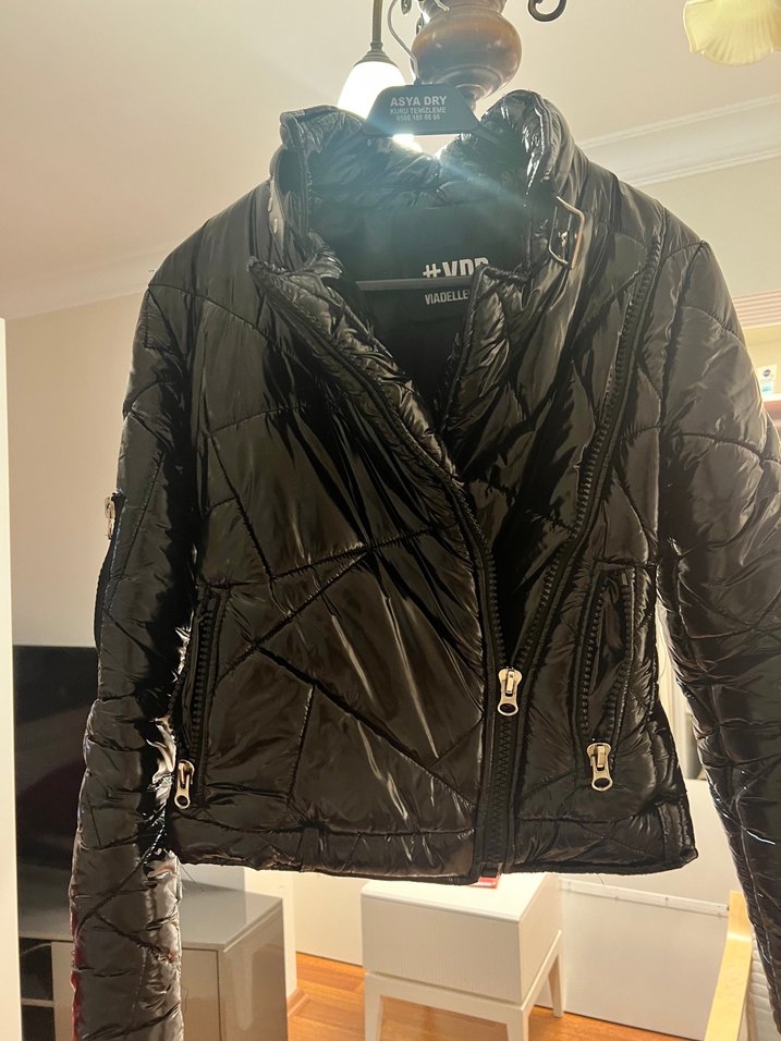 Siyah Deri Biker Ceket Yüksek Yakalı - Görsel 2