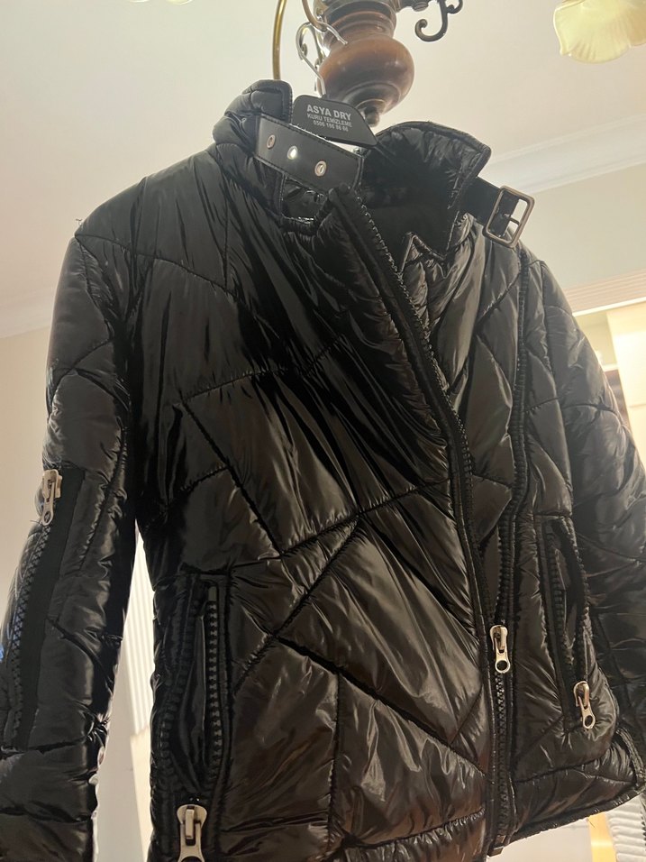 Siyah Deri Biker Ceket Yüksek Yakalı - Görsel 5