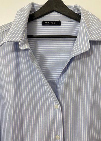 Mavi Çizgili Pamuklu Kadın Gömlek - Görsel 3