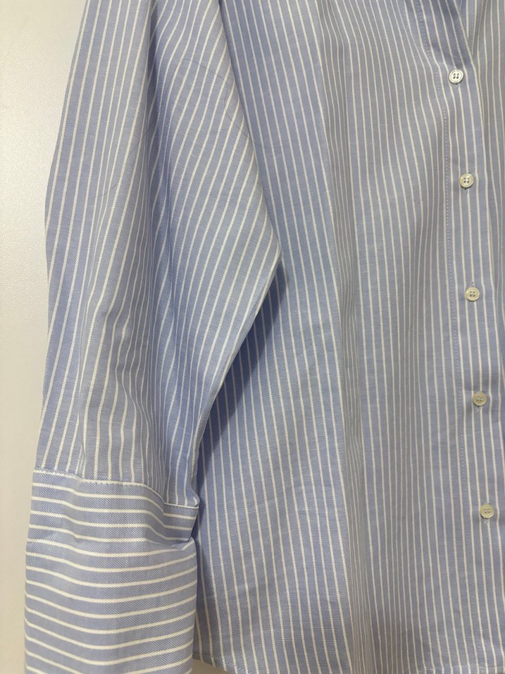 Mavi Çizgili Pamuklu Kadın Gömlek - Görsel 2