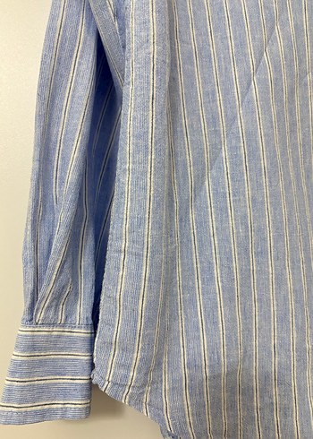 Mavi Çizgili Keten Kadın Gömlek - Görsel 3