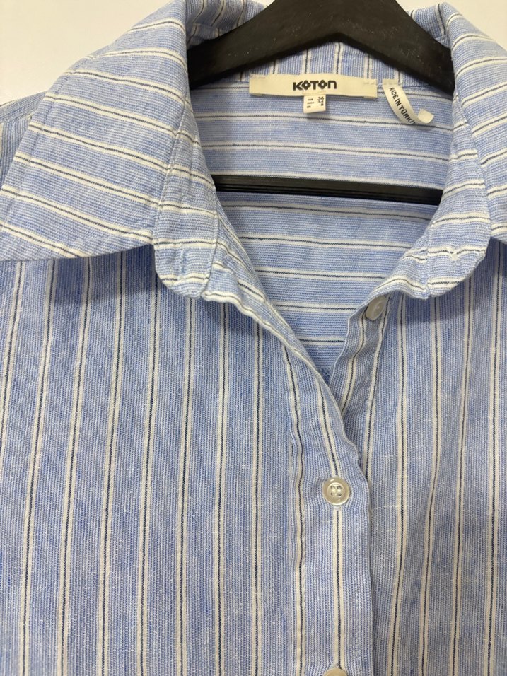 Mavi Çizgili Keten Kadın Gömlek - Görsel 2