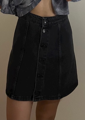 Düğmeli Siyah Midi Denim Etek