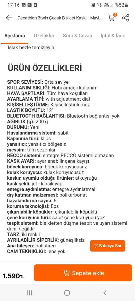 Mavi BTWIN Bisiklet Kaskı Velcro Bantlı piyasa değeri resmde var - Görsel 5