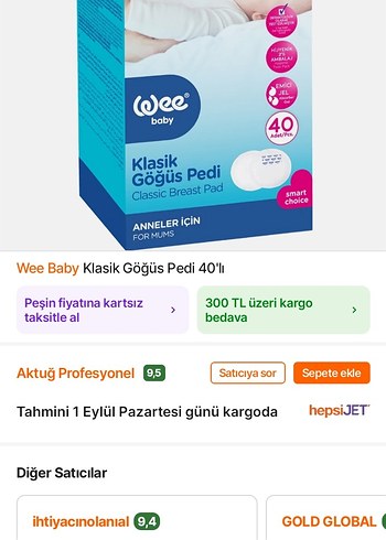  Beden Renk Wee Baby Klasik Göğüs Pedi 40'lı