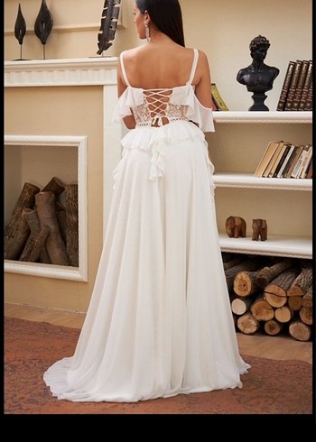 Bohem Tarzı Uzun Beyaz A-Line Gelinlik - Görsel 3