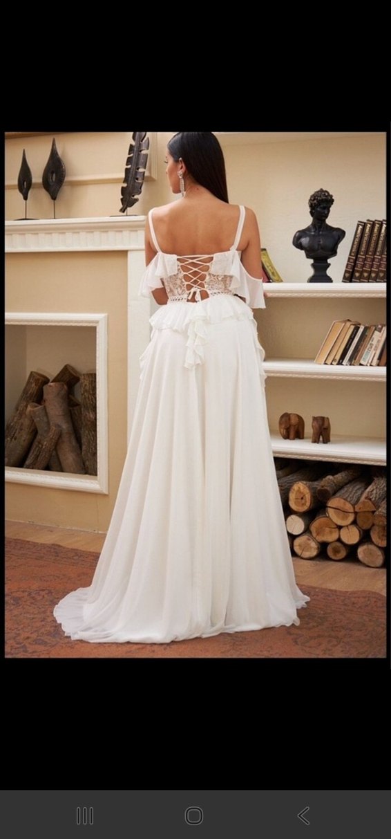 Bohem Tarzı Uzun Beyaz A-Line Gelinlik - Görsel 3