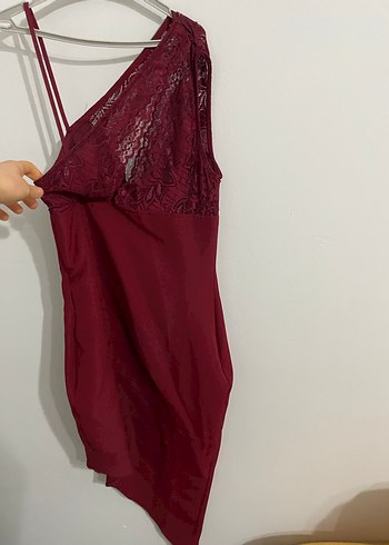 Bordo Midi V Yakalı Drapeli Kadın Elbise - Görsel 3