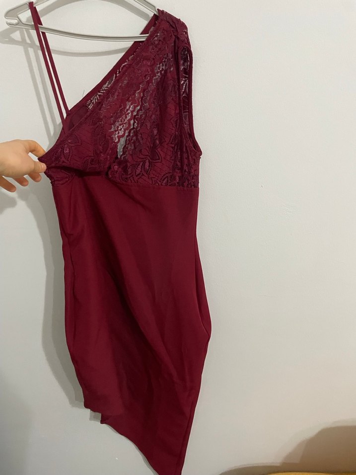 Bordo Midi V Yakalı Drapeli Kadın Elbise - Görsel 3