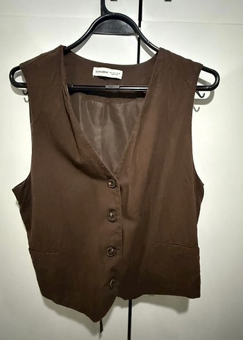 Pull and Bear Kahverengi V Yaka Kolsuz Yelek