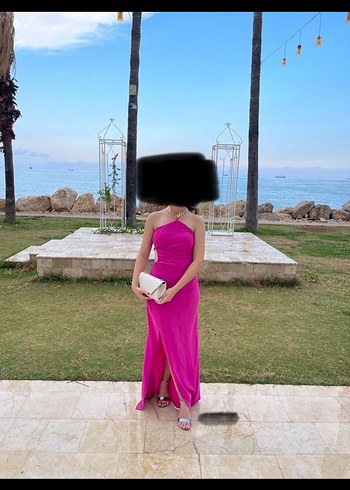 Pembe Straplez Uzun Drapeli Elbise