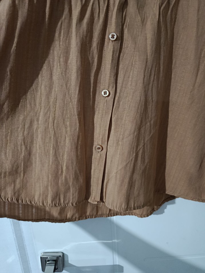 Bej Düğmeli Keten Kadın Gömlek - Görsel 3