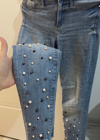 s Beden gri Renk Gri Batik Desenli Salaş Midi Kot Pantolon