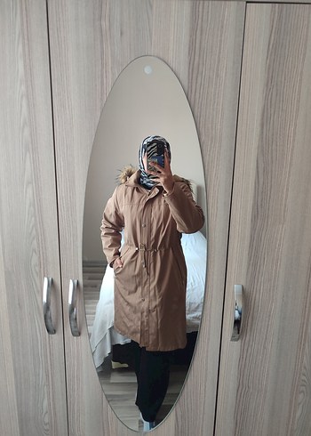 Bej Kadın Midi Parka Kürklü - Görsel 2